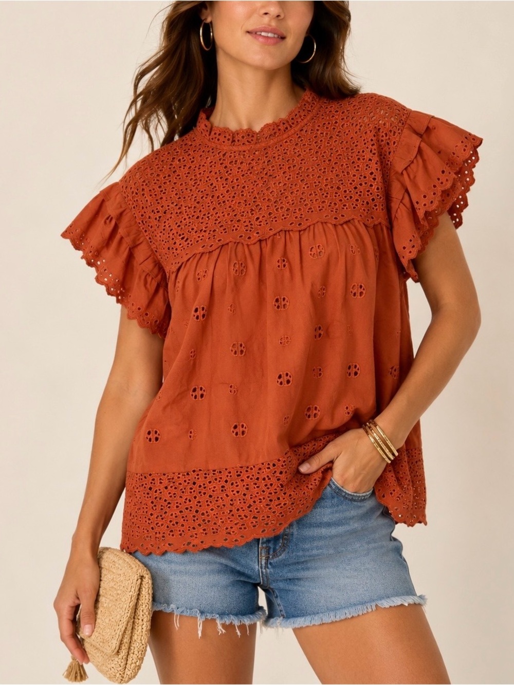 Calypso St.Barth Rust Eyelet Embroidered Boho Tunic Top XL NWT